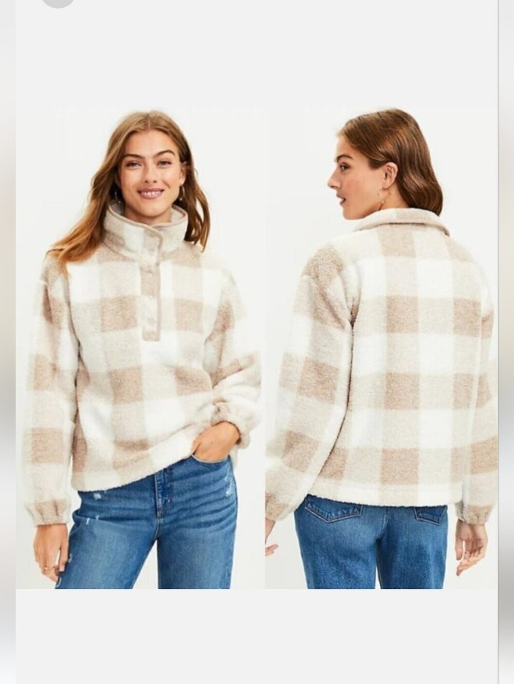LOFT Plaid Sherpa Pullover in Cream and Tan